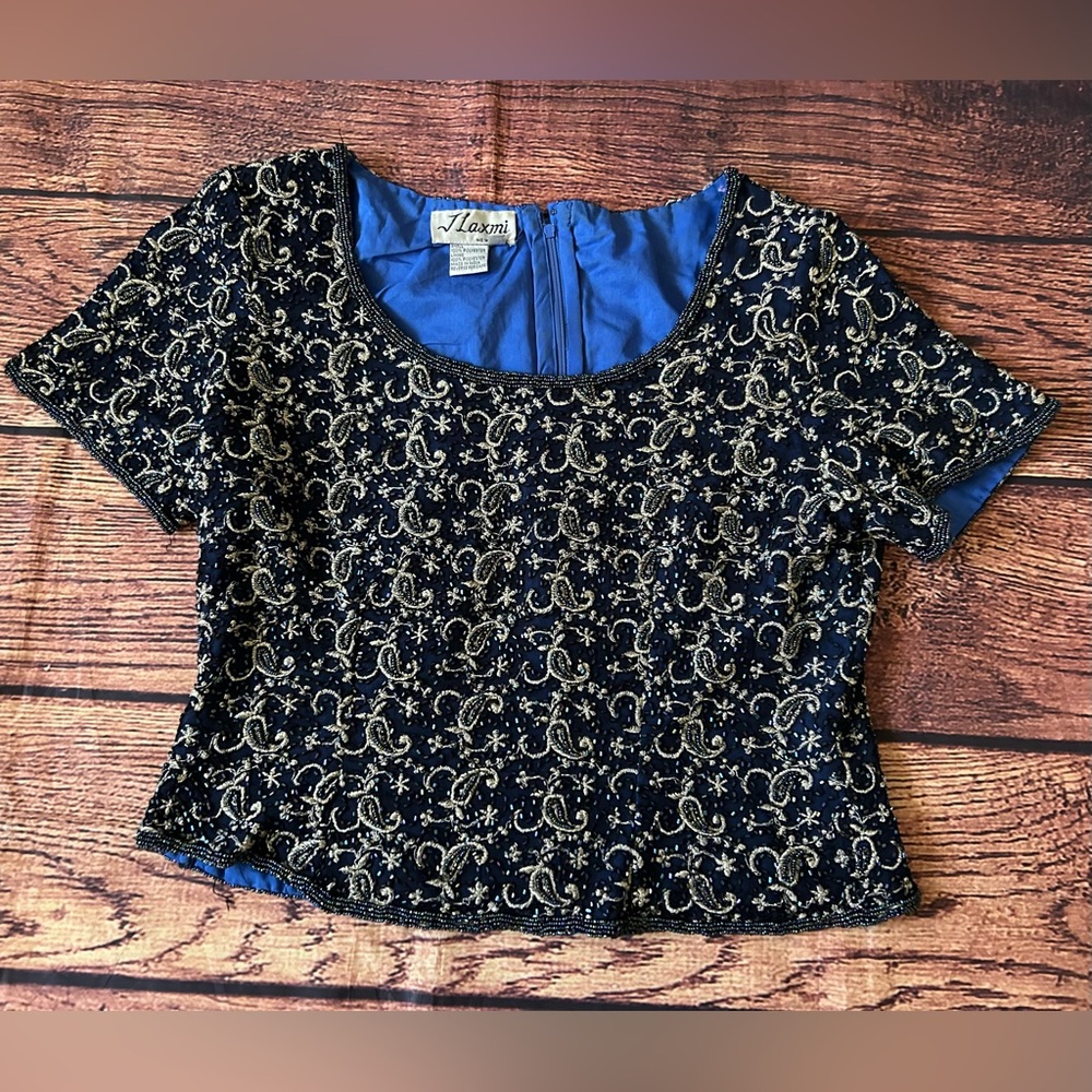 J Laxmi Sequined Paisley Formal Top Women's PM Black Lined Short Sleeve Back Zip